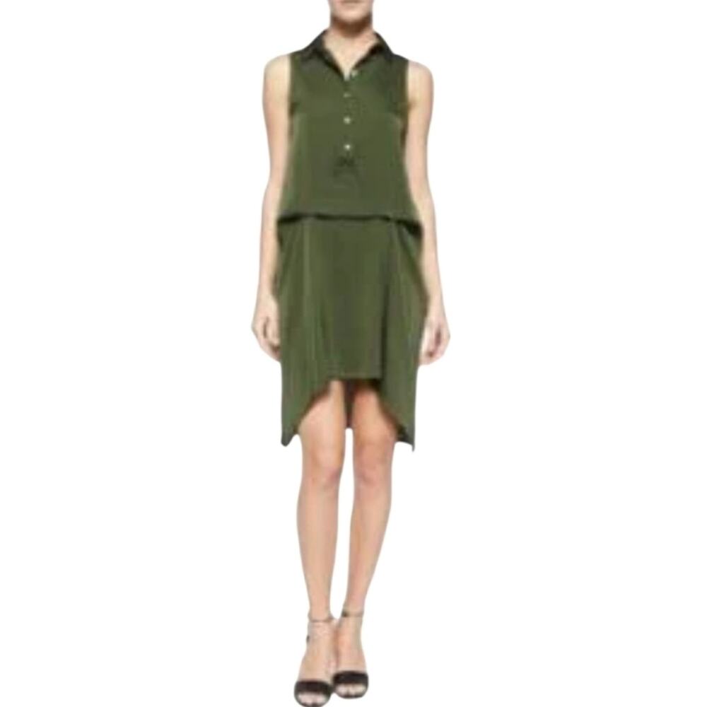 XS Marissa Webb Olive Green Silk Sleeveless Shirt Dress, Asymmetric Hem